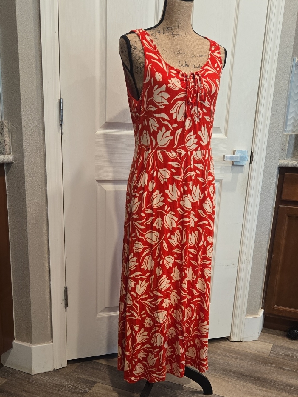 CAbi Red and Cream Floral Tie-Front Maxi Dress